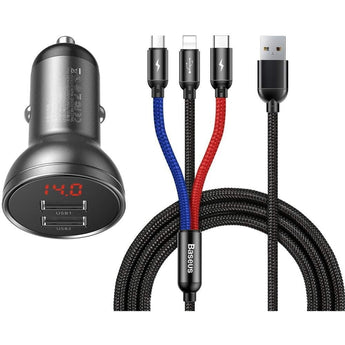 Incarcator auto dual 4.8A si Cablu de incarcare 3 in 1, Baseus Car Charger Suit